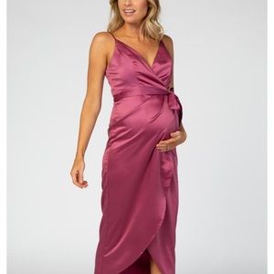 Mauve Satin Pleated Wrap Maternity Dress